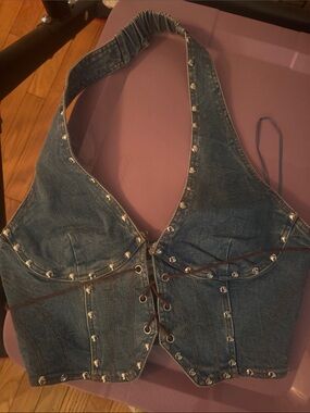 Windsor Blue Denim Studded Lace-Up Crop Top